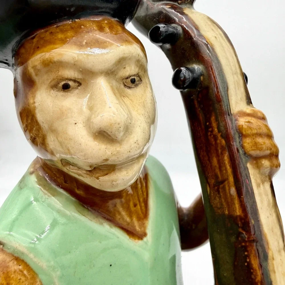 Majolica Style Ceramic Monkey Band Cellist Figurine Top Hat Drum Base
